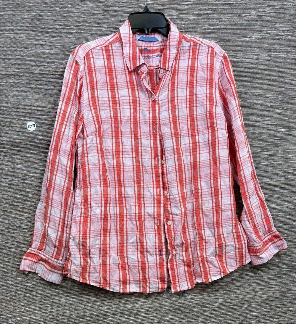 Tommy Bahama Shirt Womens Size M Red Plaid Linen Button Up Long Sleeve Casual